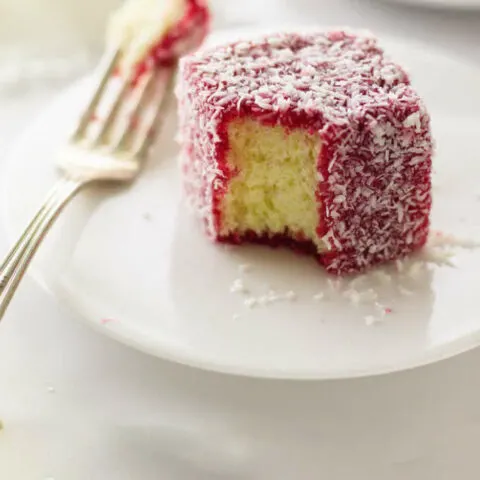 A raspberry lamington on a dessert plate with a fork.