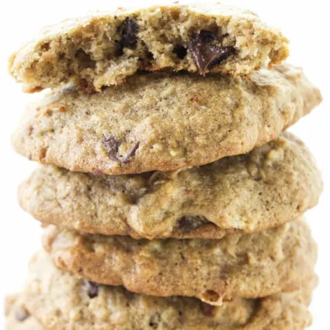 A stack of gluten free banana cookies with chocolate chips.