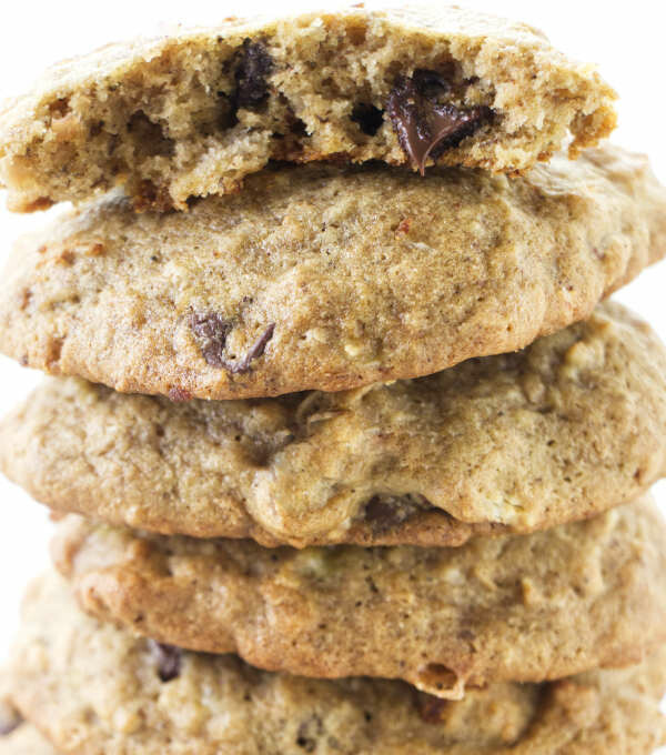 A stack of gluten free banana cookies with chocolate chips.