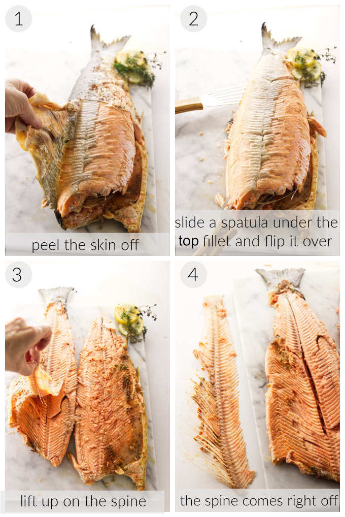 A collage of four photos showing how to serve a whole salmon. 