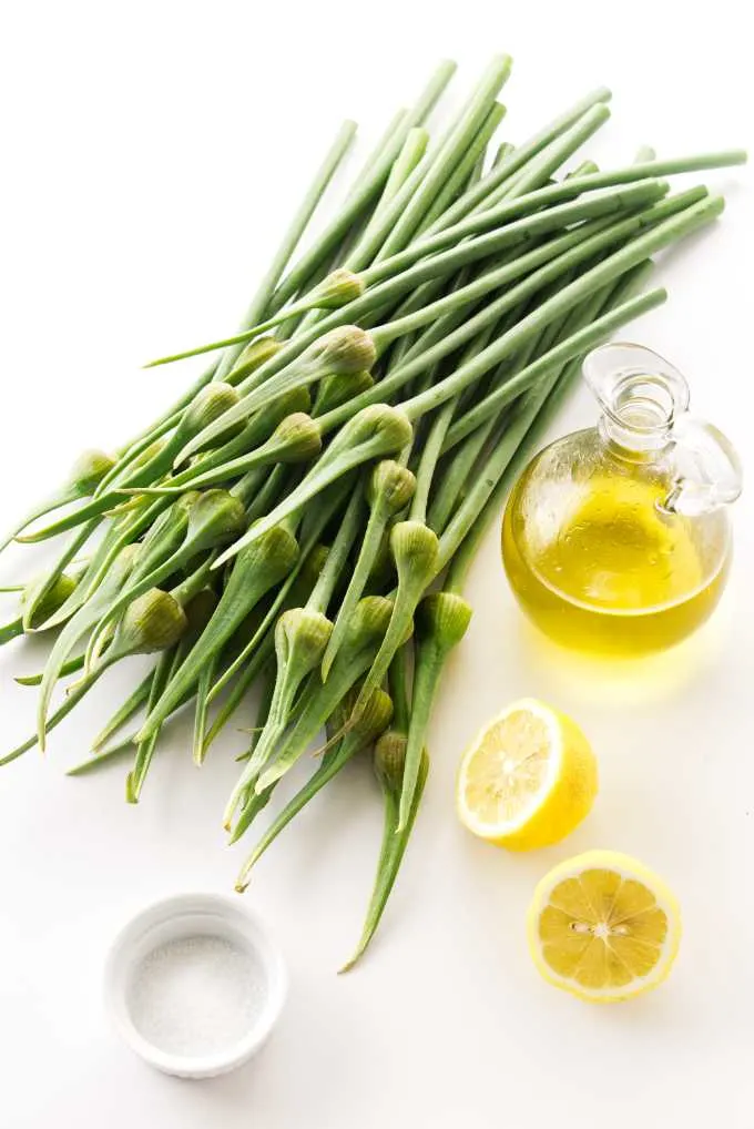 Ingredients used to make roasted garlic spears.