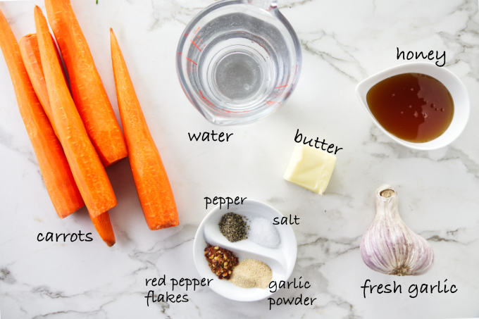 Ingredients needed to make instant pot honey glazed carrots.