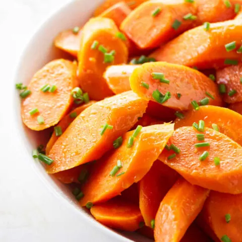 A serving dish of Instant Pot steamed carrots.