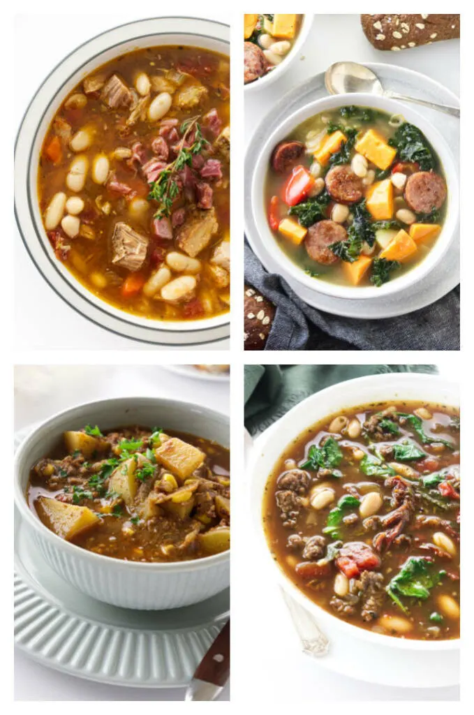 A collage of four photos of sausage and pork based soups.