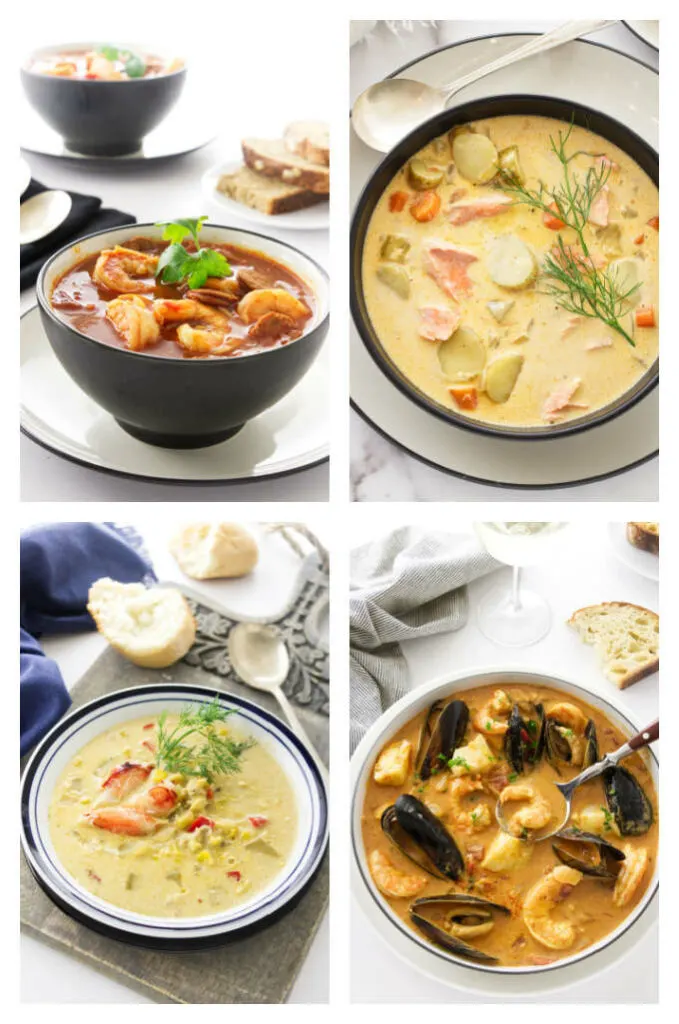 A collage of four photos of seafood based soups.