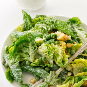 A serving of salad with fork, buttermilk ranch dressing in background