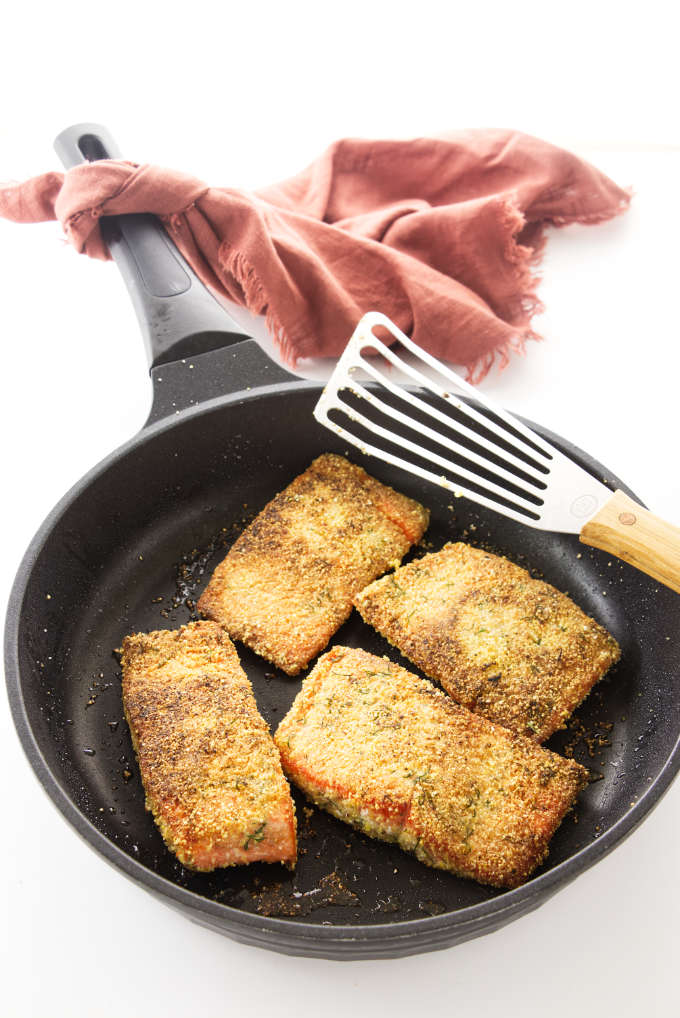 Crisp Salmon fillets in a skillet