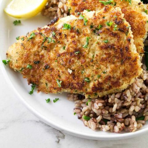A Panko crusted rockfish on a dinner plate. .