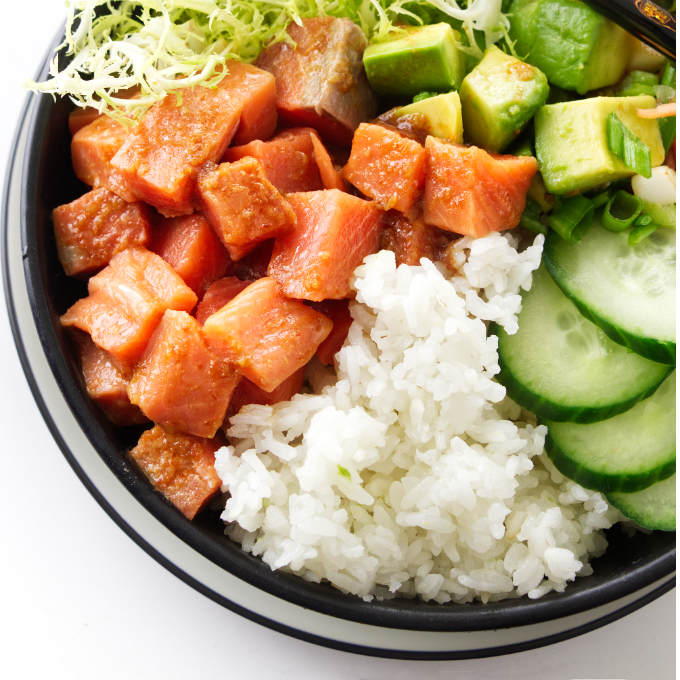 close up view of spicy salmon sushi bowl