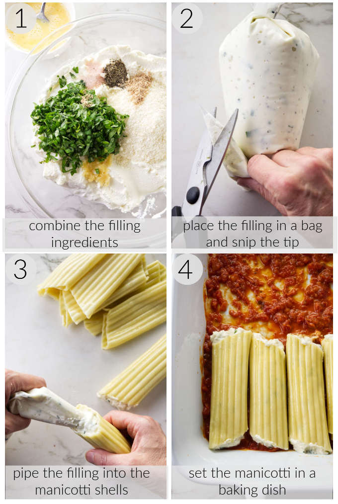 A collage of four photos showing the steps for how to make manicotti.