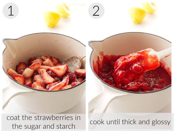 A collage of two photos showing the process steps for making strawberry topping for cheesecake.