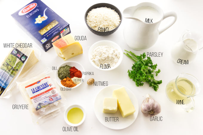 Ingredients needed for seafood mac and cheese.