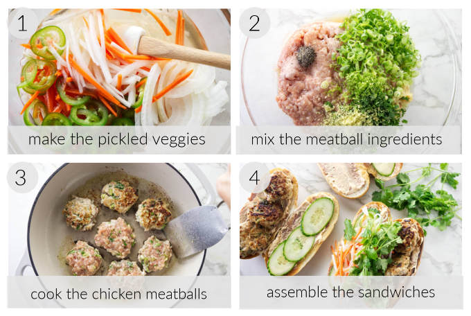 Process photos showing how to make a chicken banh mi meatball sandwich.