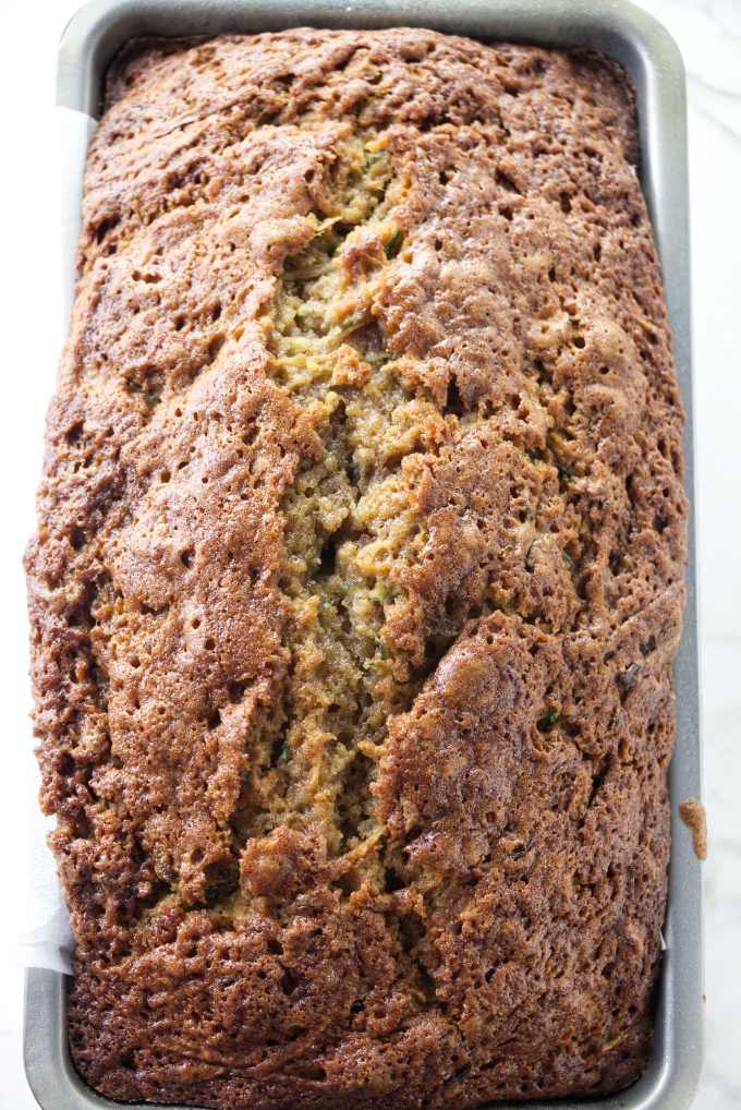 Freshly baked zucchini bread in a baking pan.