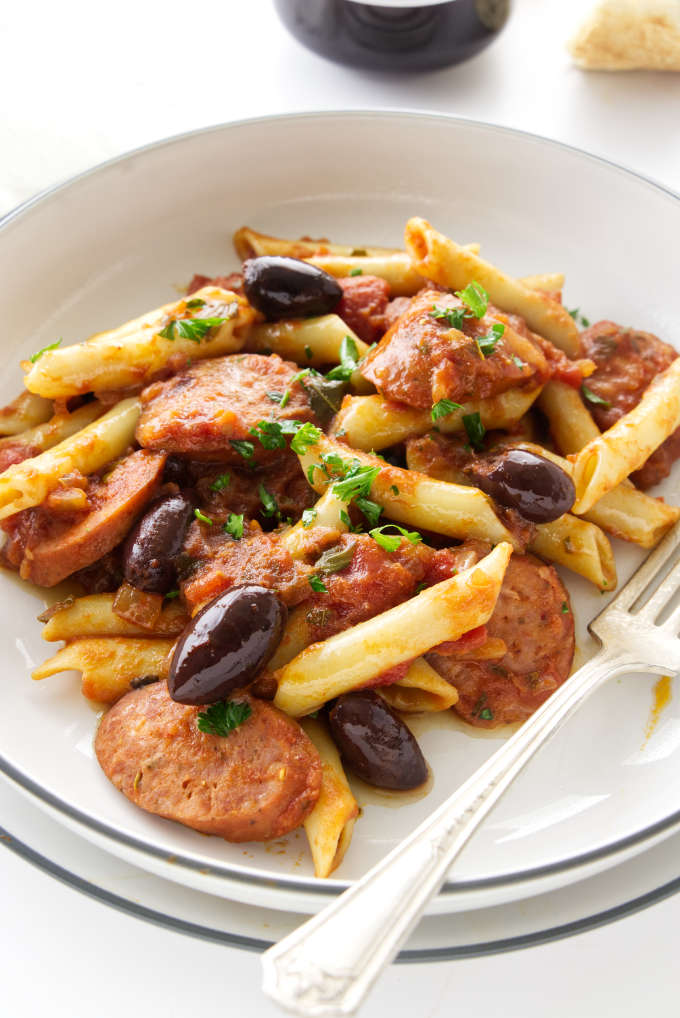 Close up view of a serving of Penne Arrabiata with Smoked Sausage