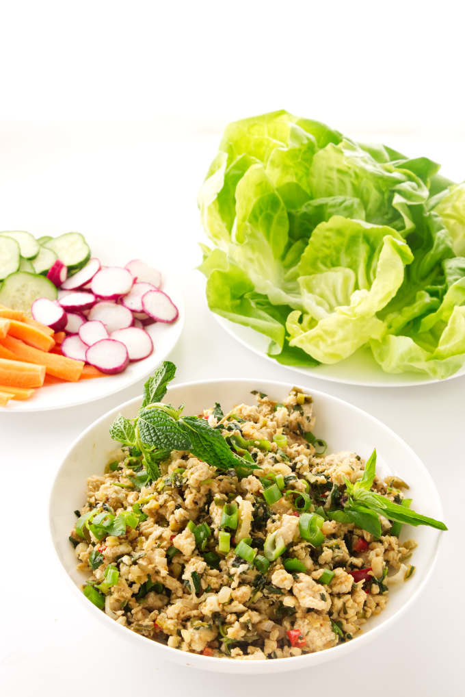 Bowl of Thai chicken larb salad with lettuce leaves and vegetables in background