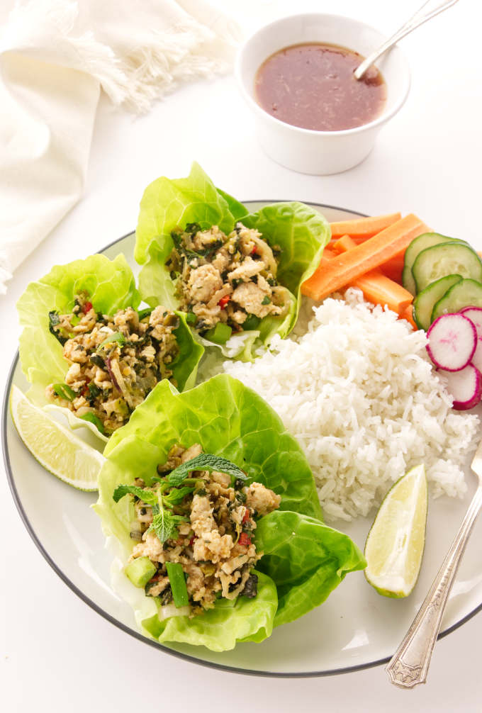 Dinner plate with Thai Chicken Larb Salad, rice and vegetables