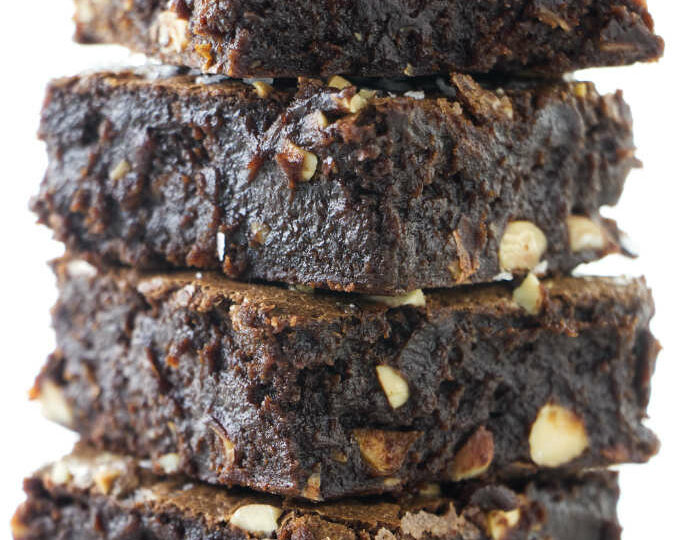 A tall stack of fudgy brownies.