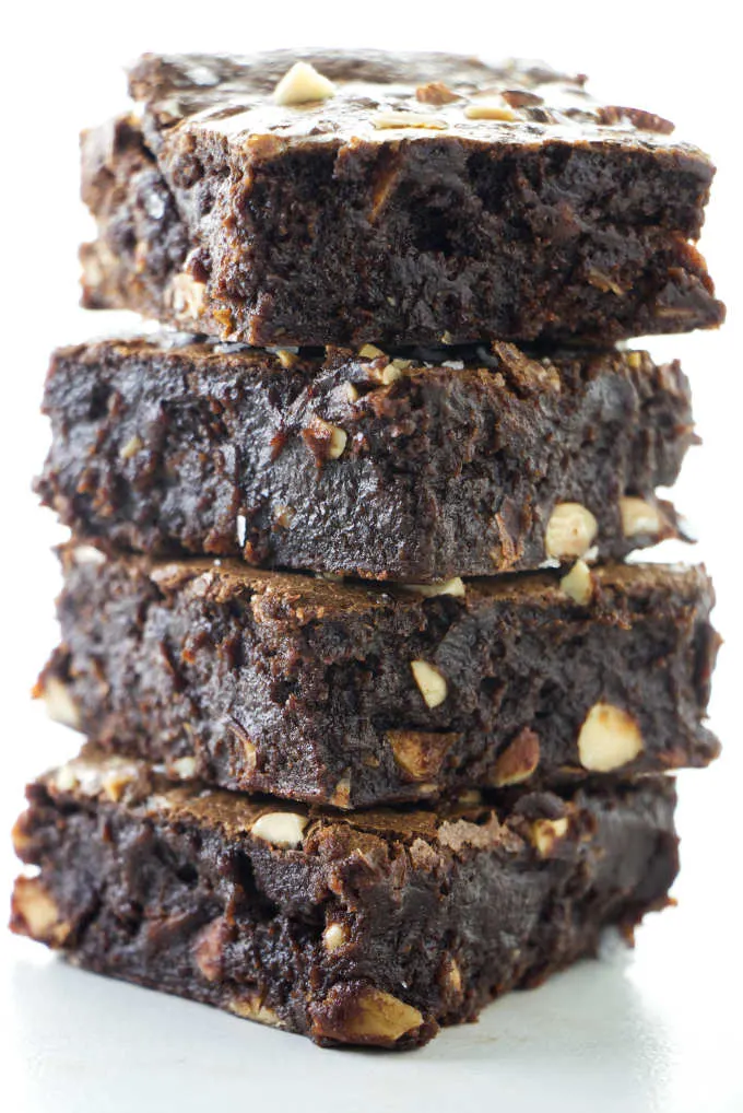 A tall stack of fudgy brownies.