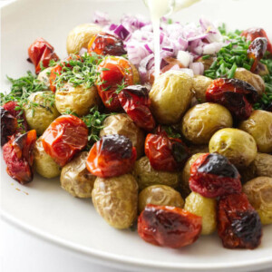 A dish with roasted potato salad.