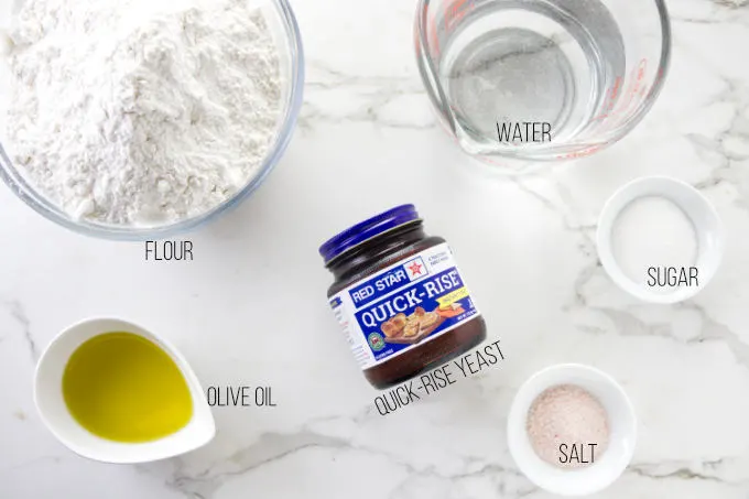 Ingredients needed for quick rise pizza dough.
