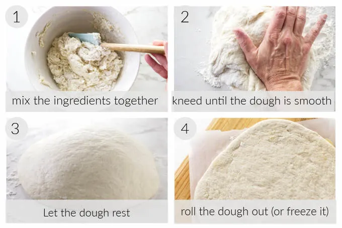 A collage of four photos showing how to make quick pizza dough.
