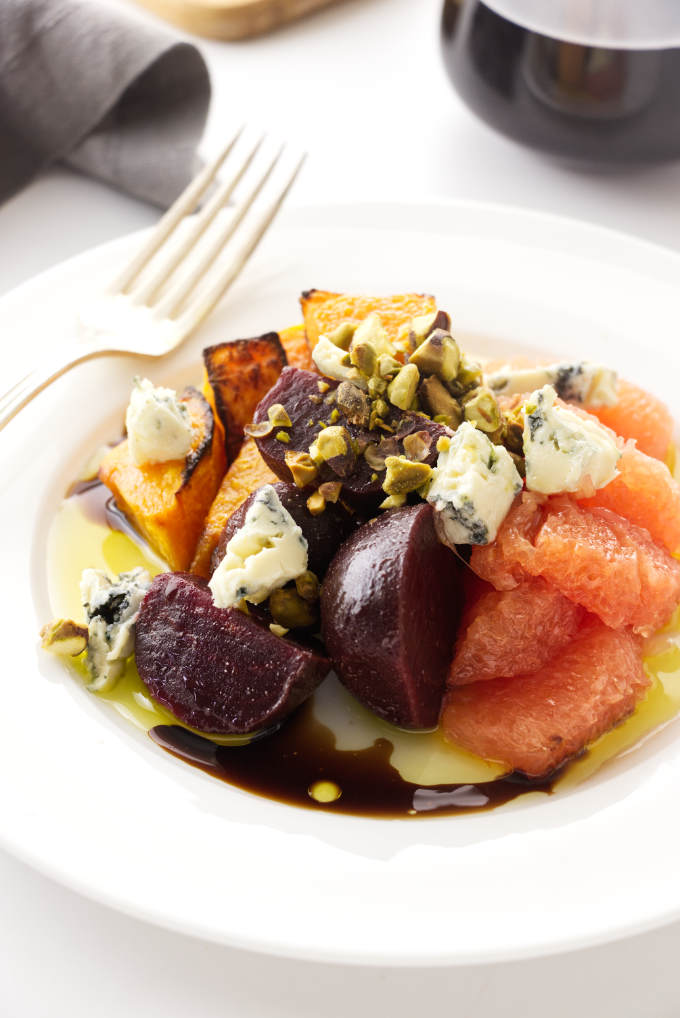 Plated view of beet and squash salad