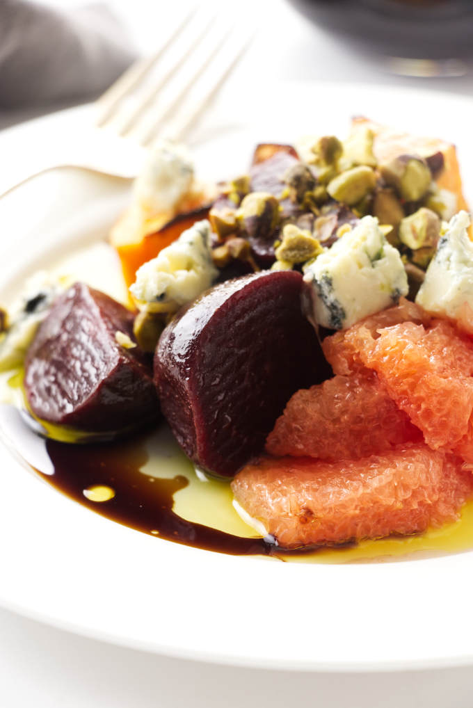 Close up view of squash and beet salad