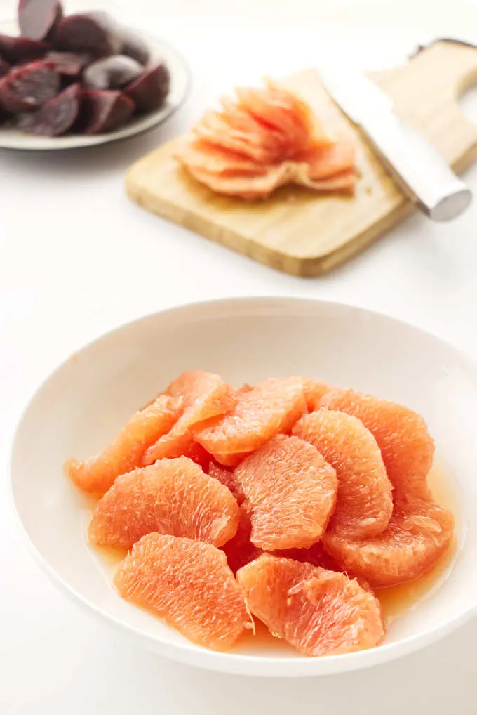 Grapefruit segments in a dish