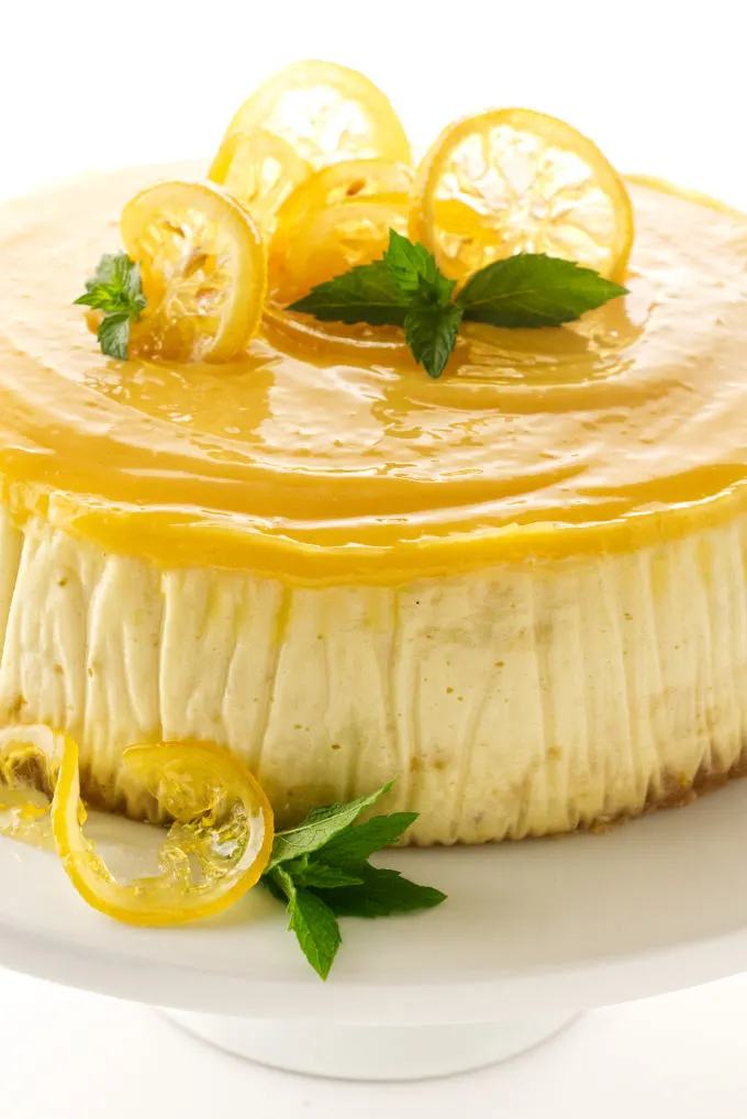 close up view of triple lemon cheesecake