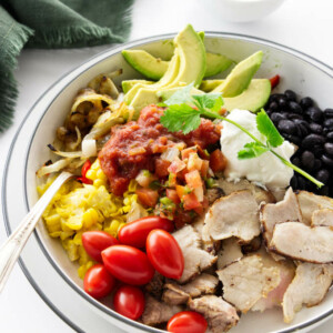 Overhead view of a serving of pork fajita bowl