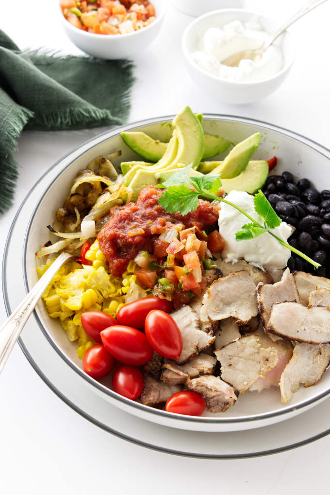 Overhead view of a serving of pork fajita bowl