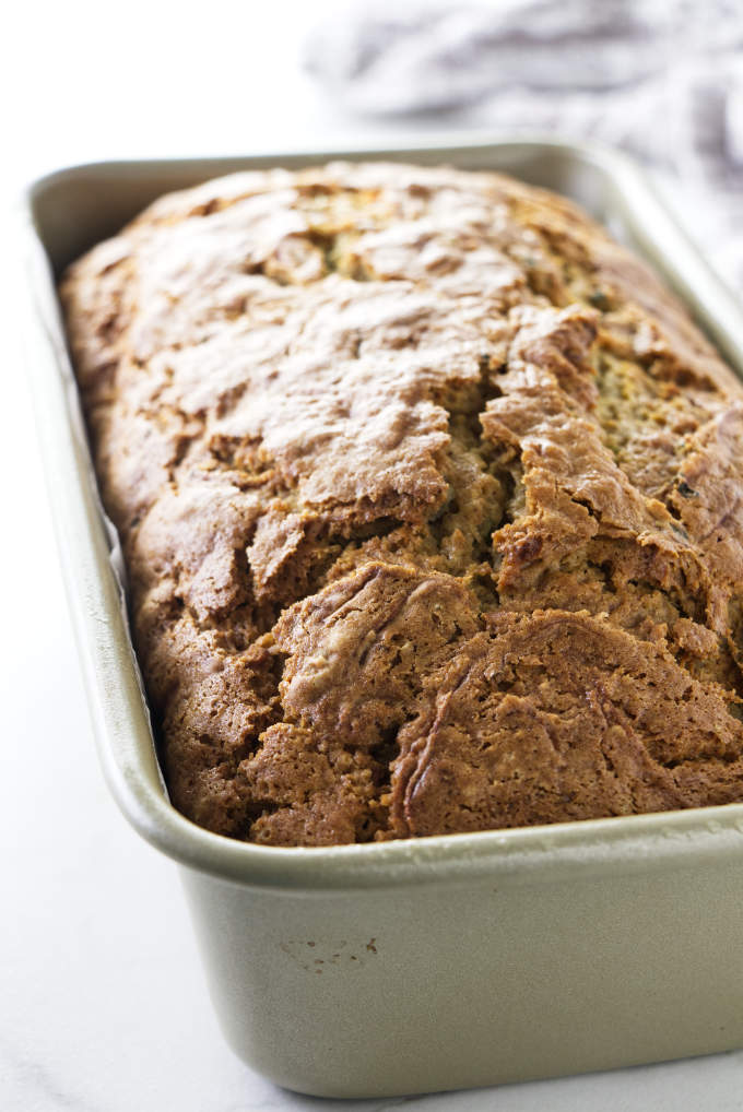 A freshly baked zucchini bread made with gluten free flour.