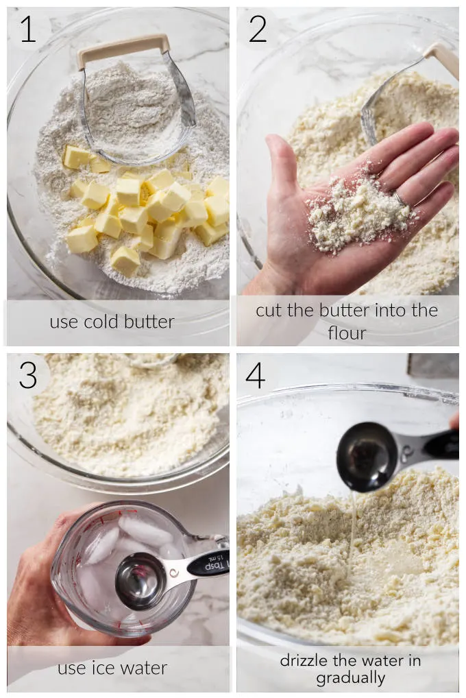 Four process photos showing how to make an all butter pie crust.