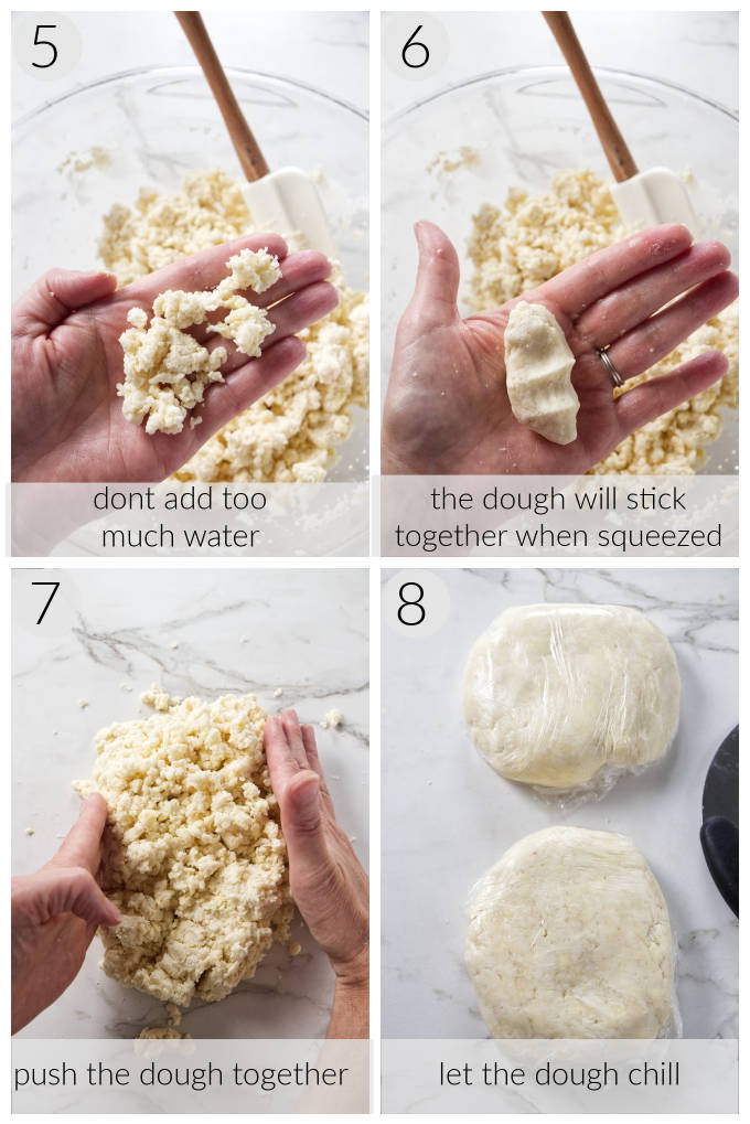 Four process photos showing how to make an all butter pie crust.