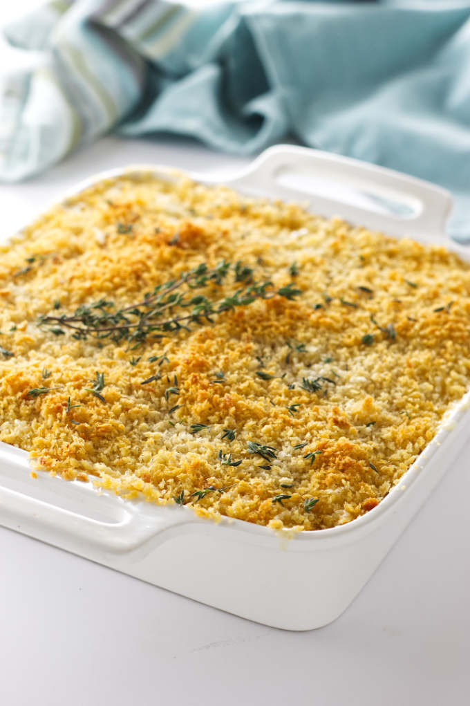 A casserole dish of baked mac and cheese.