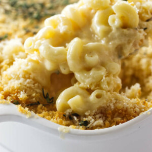 A spoonful of creamy mac and cheese.