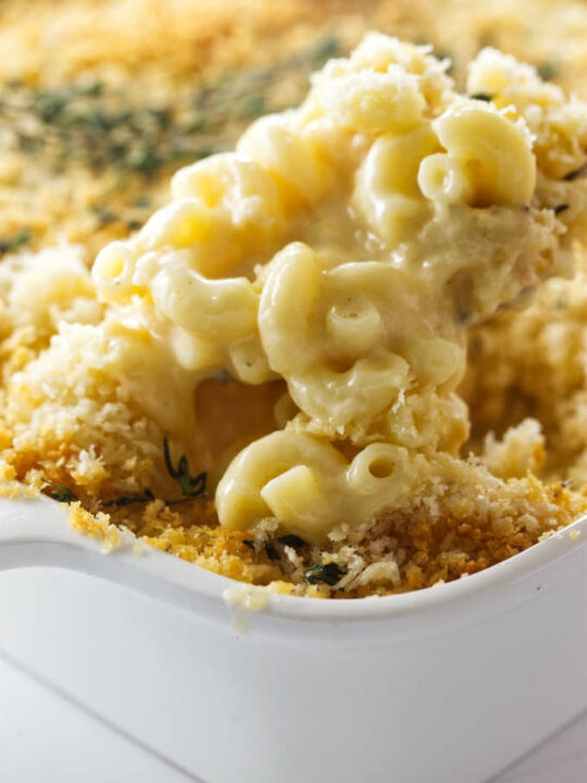 A spoonful of creamy mac and cheese.