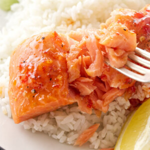Close up of a bite of Thai Chili glazed salmon