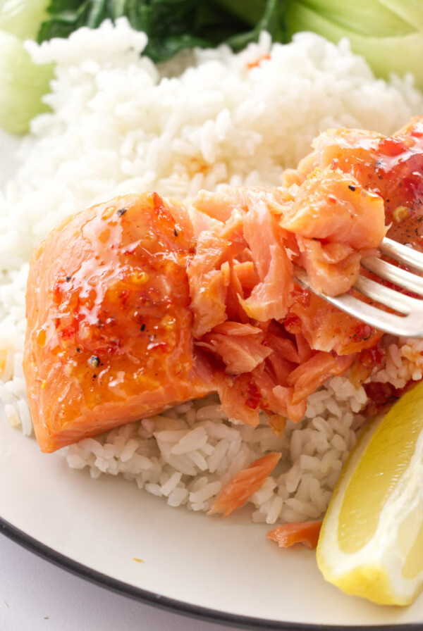 Close up of a bite of Thai Chili glazed salmon