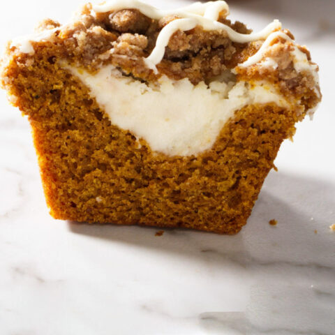 Pumpkin muffin stuffed with cheesecake.