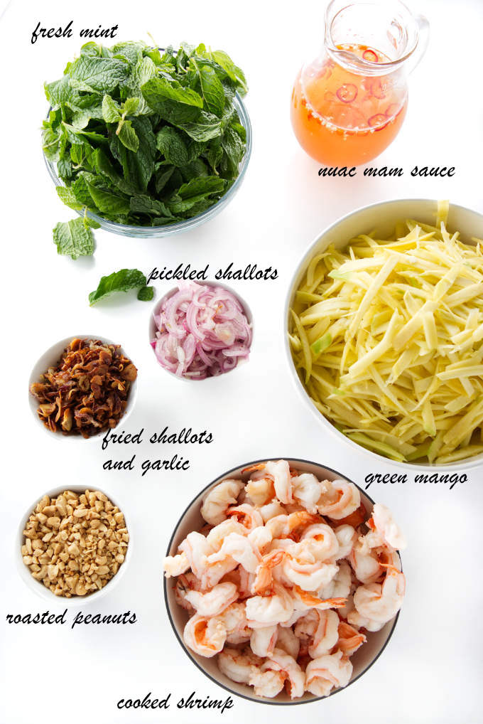 Components needed to make green mango salad with shrimp.