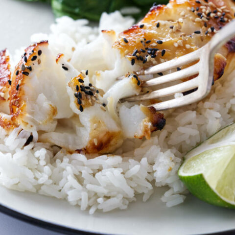 Sea bass on a bed of white rice.