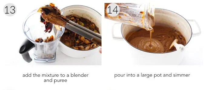 Collage of two photos showing how to make mole sauce with chocolate.