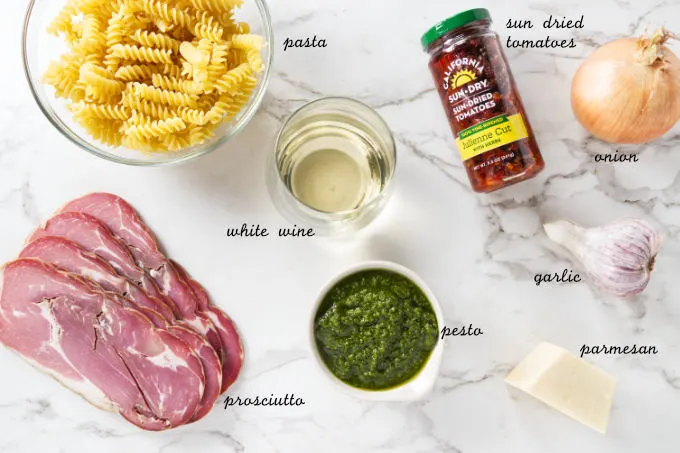 Ingredients used to make prosciutto pesto pasta.