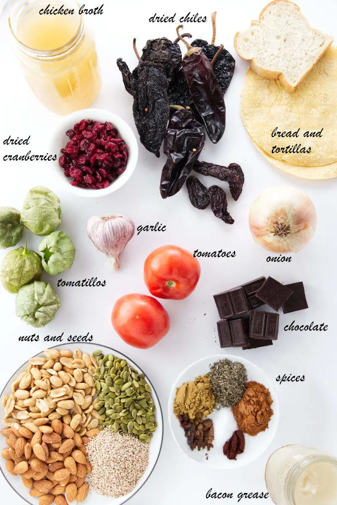 Ingredients used to make Mexican mole sauce.