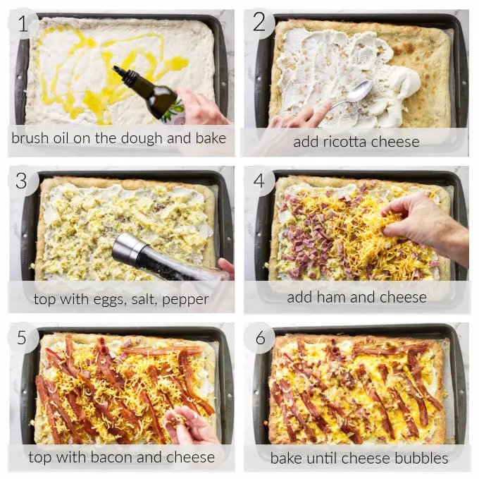 A collage of six photos showing how to make breakfast pizza.