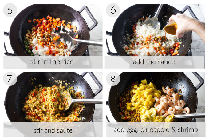 Four process photos showing the steps for making pineapple fried rice.