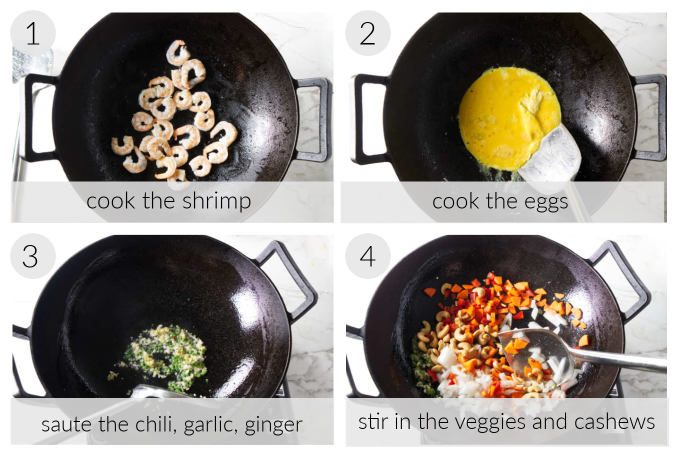 Four process photos showing how to make pineapple shrimp fried rice.