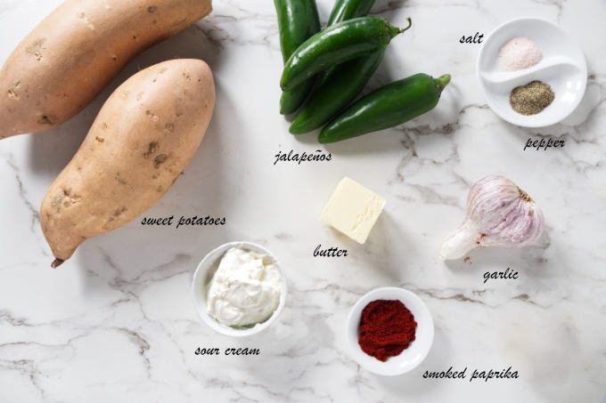 Ingredients used to make savory mashed sweet potatoes.